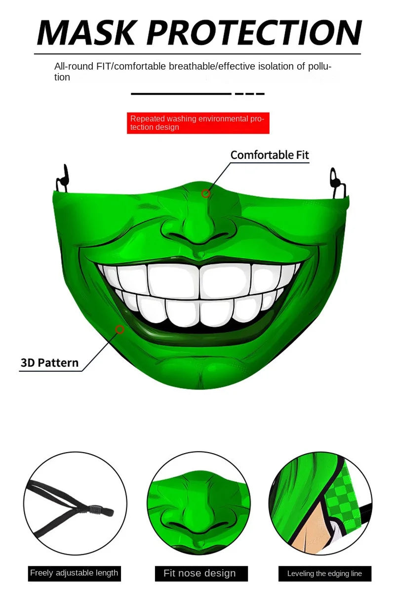 1 masque anti-poussière filtre adulte grande bouche masques faciaux 3D mascara Halloween masculin réutilisable lavable masque de clown mascara divertida