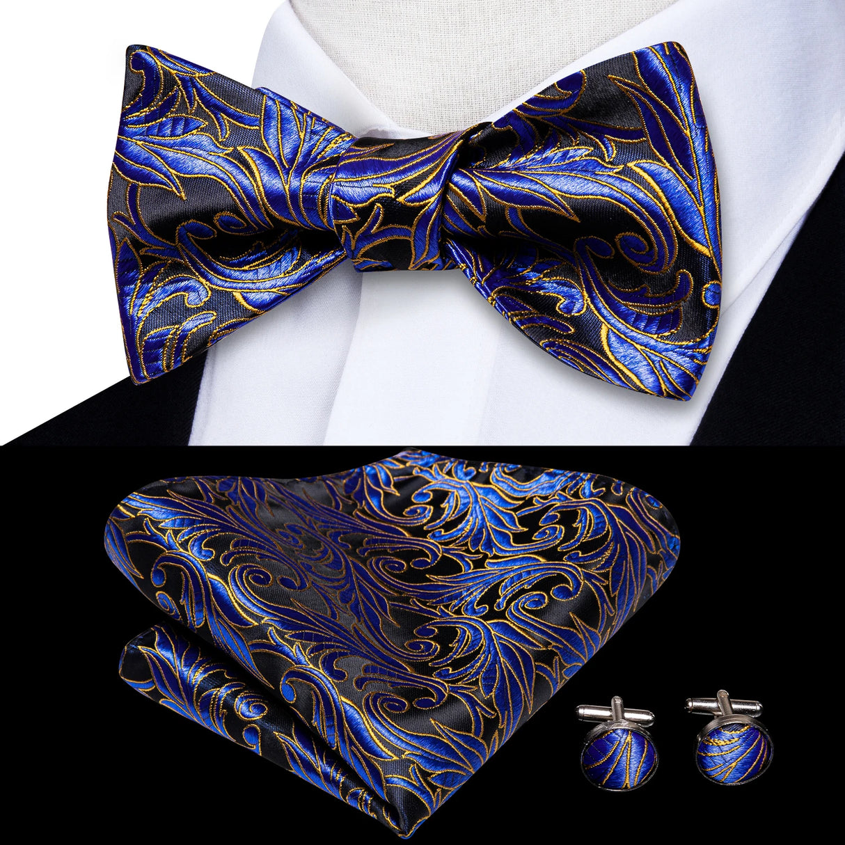 Hi-Tie Ensemble nœud papillon en soie pour homme, mouchoir et boutons de manchette, bleu, rouge, or, noir, blanc, jacquard, nœud papillon, mariage, affaires