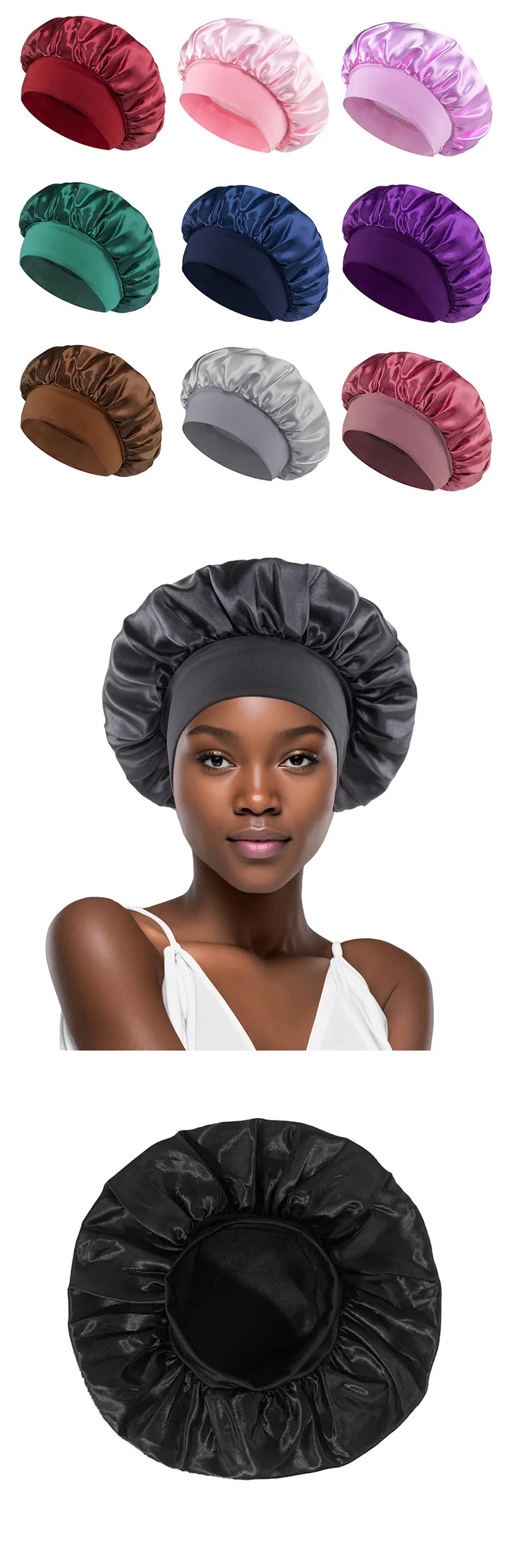 1pcs Unisex Satin Solid Wide-brimmed Sleeping Hat Elastic Band Cap Hair Care Bonnet Night Hat