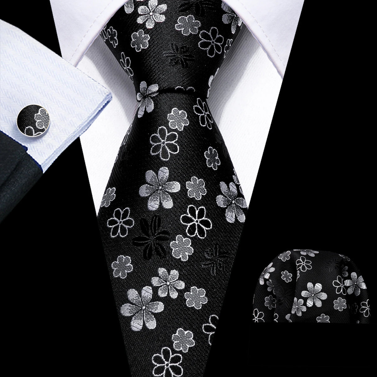 Cravates en soie noire pour hommes, classiques, solides, tissées de haute qualité, avec pochette et boutons de manchette, pour soirées formelles, design Barry.Wang