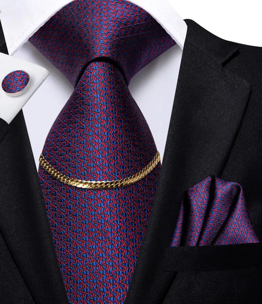 Hi-Tie Business Black Luxury Plaid Mens Tie Silk Neckties Fashion Tie Chain Hanky Cufflinks Set Design Gift For Men Wedding