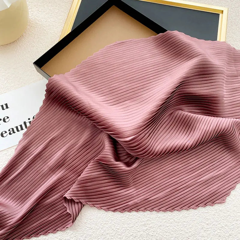 Damen Weicher Seidenplissierter Schal Luxus Einfarbig Halstücher Foulard Femme Crinkle Haarband Schals Mädchen Halstuch