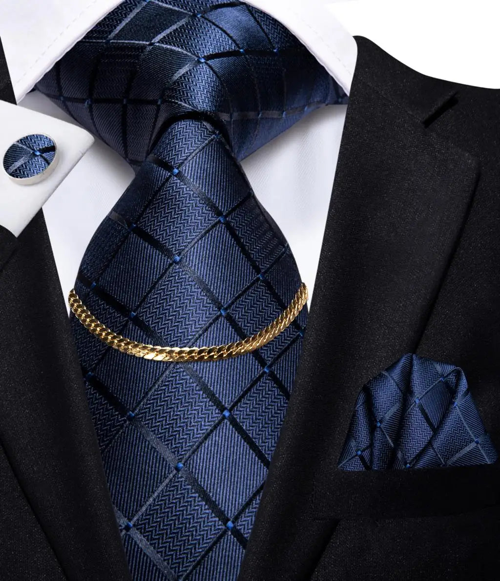 Hi-Tie Business Black Luxury Plaid Mens Tie Silk Neckties Fashion Tie Chain Hanky Cufflinks Set Design Gift For Men Wedding