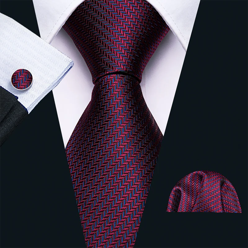 Cravate de mariage en soie rouge, tissée en jacquard, rayée, pour homme, ensemble cravate, mouchoir, boutons de manchette, Barry.Wang, créateur de mode FA-5028