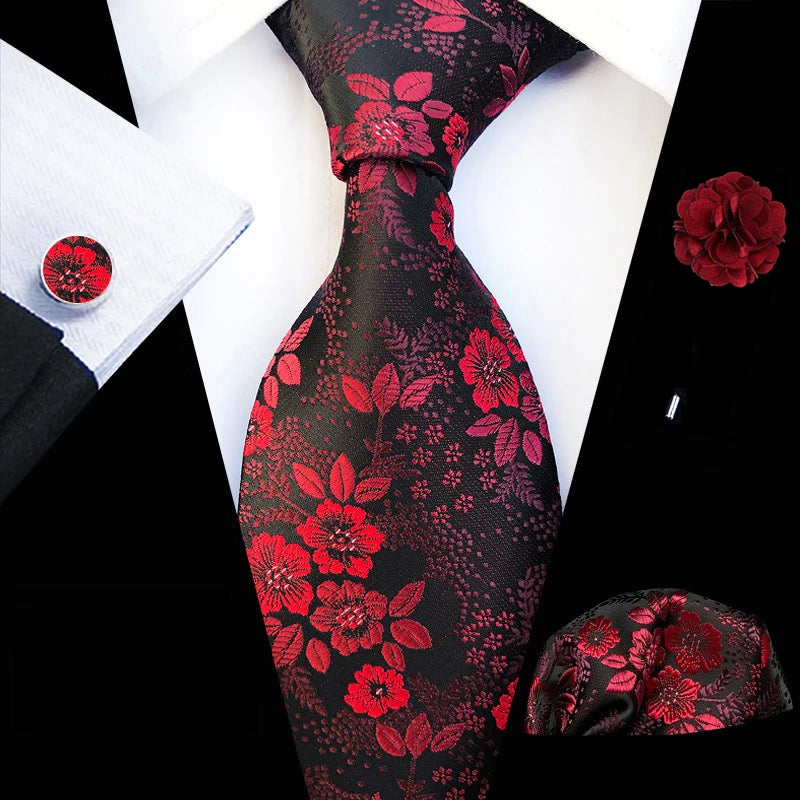 Ensemble de cravates en soie rose floral pour hommes, ensemble de cravates de fête de mariage, mouchoir, broche, boutons de manchette, accessoires pour hommes de haute qualité Gravata