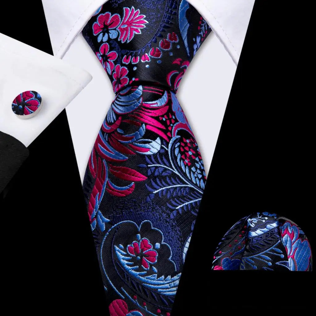 Cravate de mariage noire, dorée et rose pour homme, en soie florale, motif jacquard, pochette, boutons de manchette, pour soirée d'affaires, Barry.Wang