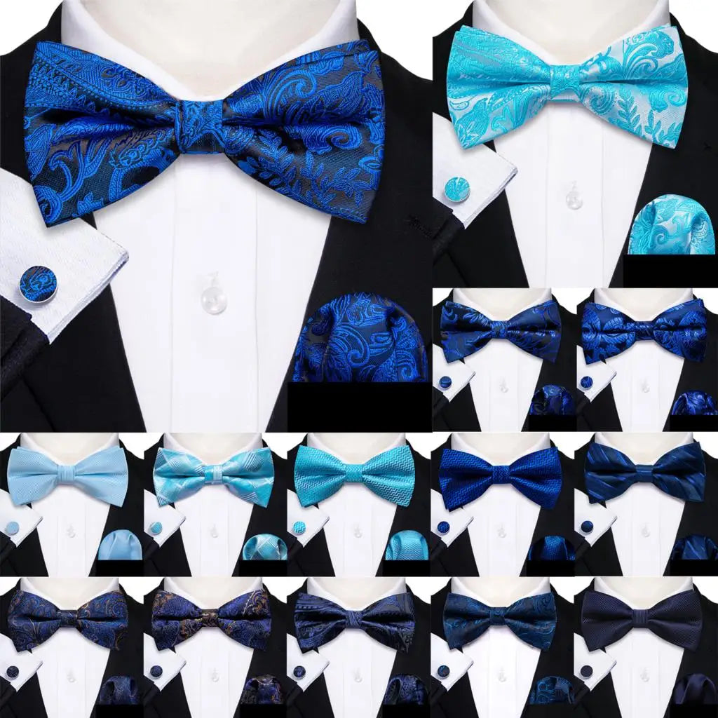 Barry.Wang Nœud papillon en soie bleu marine royal bleu ciel pour homme, ensemble de boutons de manchette, mouchoir, motif cachemire jacquard, motif floral, pour mariage et affaires