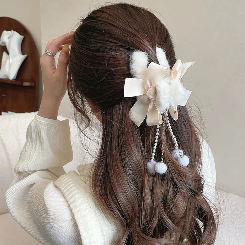 Pinces à cheveux tendance avec nœud et pompon, style coréen, queue de cheval, en peluche, griffe de requin, pour filles, cadeau d'automne et d'hiver