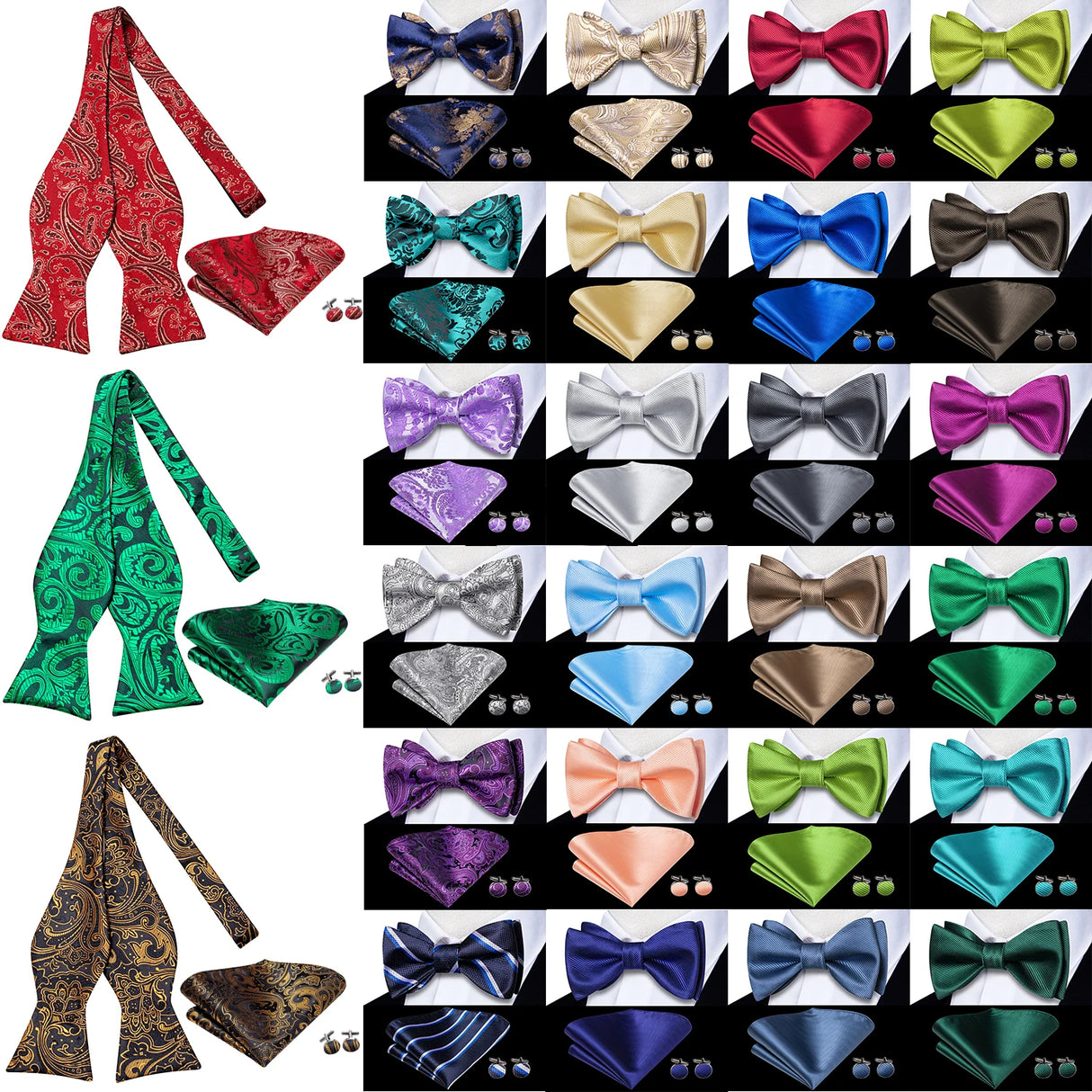 Hi-Tie Ensemble nœud papillon en soie pour homme, mouchoir et boutons de manchette, bleu, rouge, or, noir, blanc, jacquard, nœud papillon, mariage, affaires
