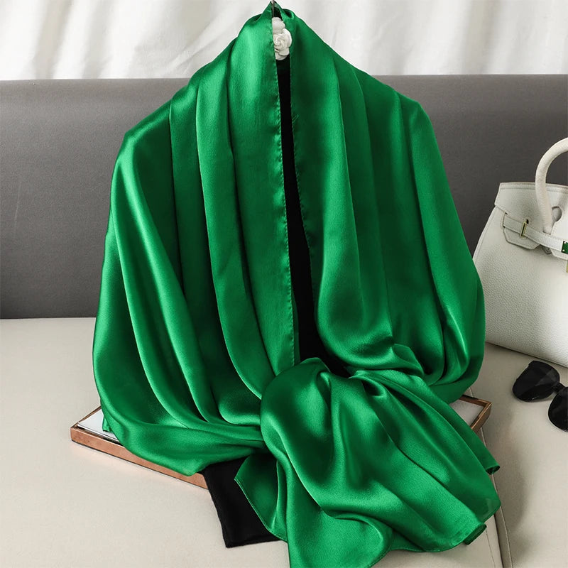 Foulard en satin de soie doux et soyeux pour femme, couleur unie, mode discrète, protection solaire d'été, foulard musulman polyvalent pour femme