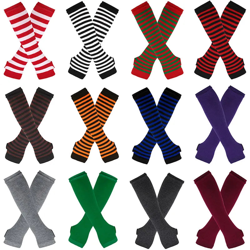 Neue lange Armstulpen, klassisch, rosa, schwarz und weiß gestreift, fingerlose Ellenbogenhandschuhe, wärmer, gestricktes Armband