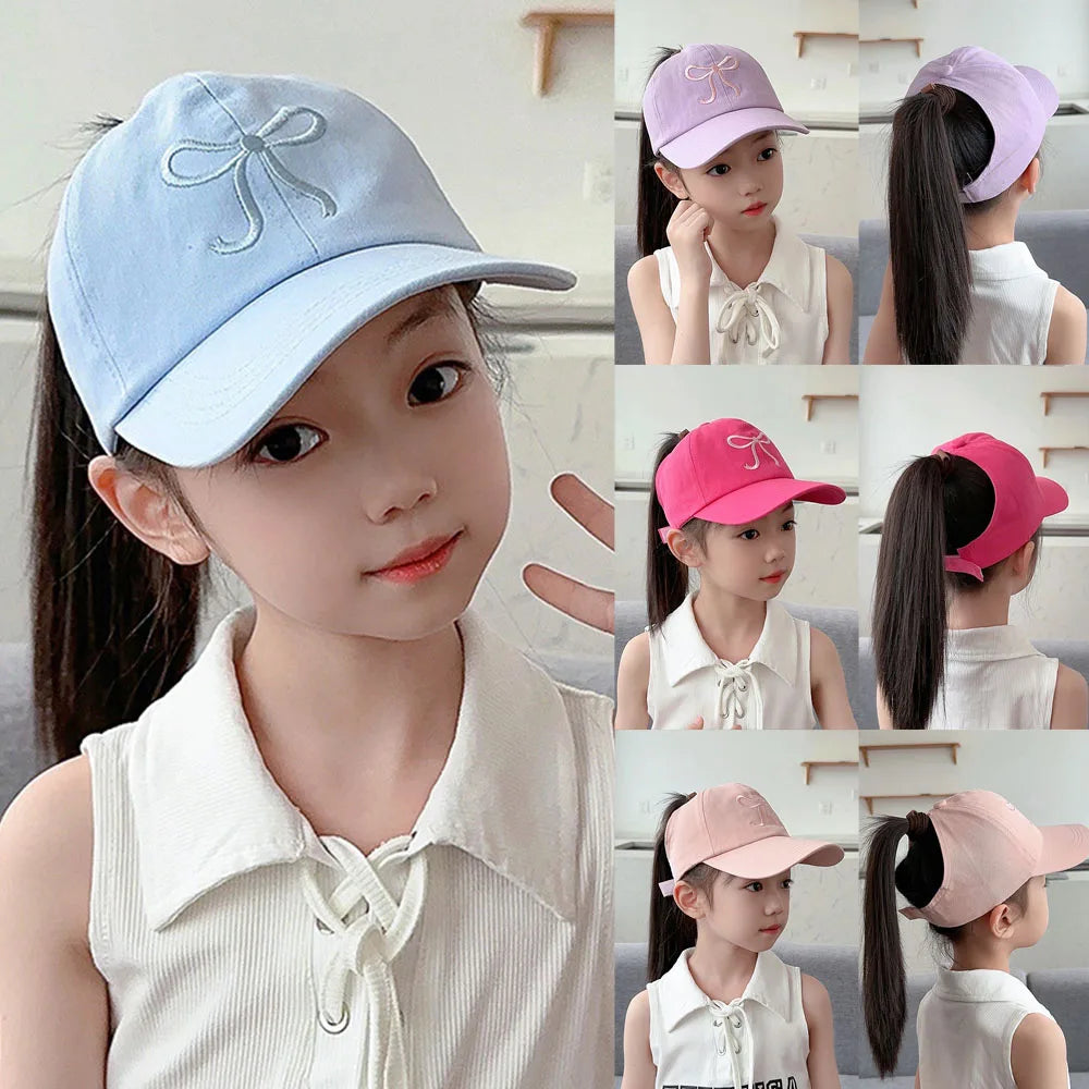 Casquette de baseball rose et blanc pour bébé fille, chapeau de soleil à queue de cheval haute, réglable, pour voyage et extérieur, nouveauté