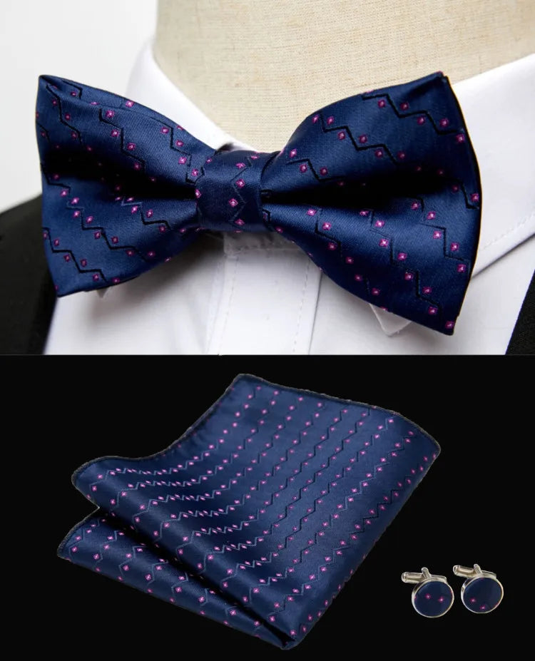HUISHI Classic Blue Bowties For Men Paisley Floral Bow Tie Pocket Square Cufflinks Suit Set Wedding Party Plaid Solid Butterfly