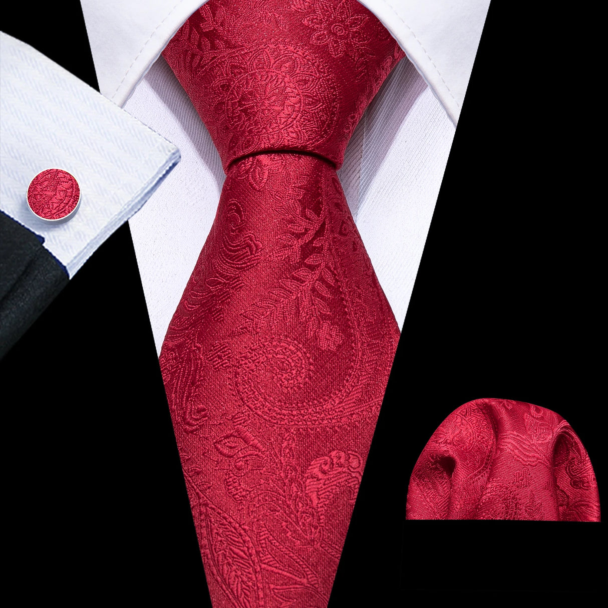 Barry.Wang Ensemble cravate et boutons de manchette en soie pour homme, motif jacquard, rouge, bordeaux, rose, pour mariage, affaires, fête