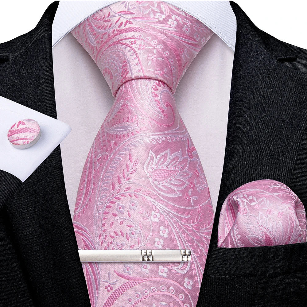 Ensemble cravate homme en soie à rayures roses, motif floral, motif cachemire uni, 8 cm, mouchoir, boutons de manchette, accessoires de mariage, de bal, cravate