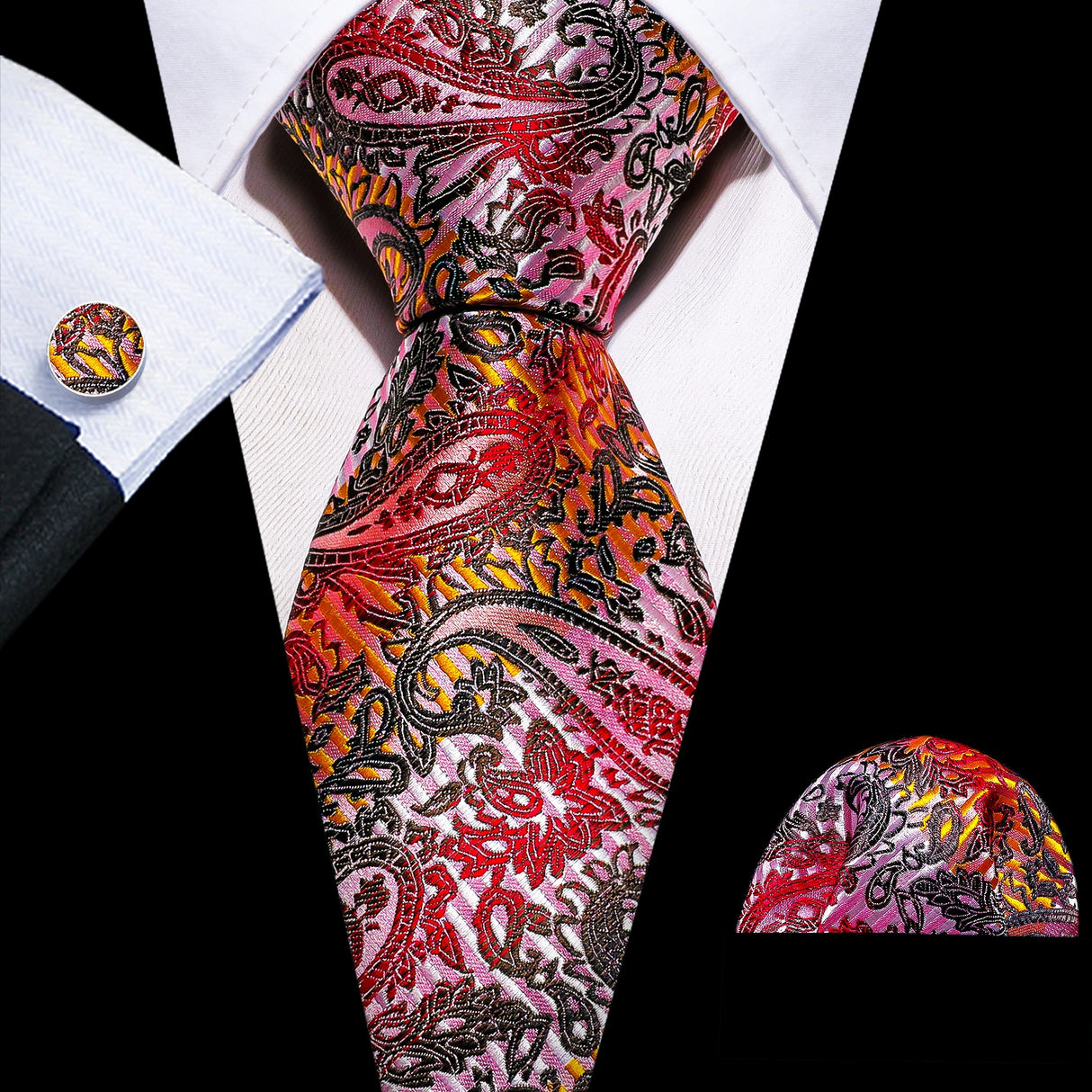 Cravate de mariage en soie rouge, tissée en jacquard, rayée, pour homme, ensemble cravate, mouchoir, boutons de manchette, Barry.Wang, créateur de mode FA-5028
