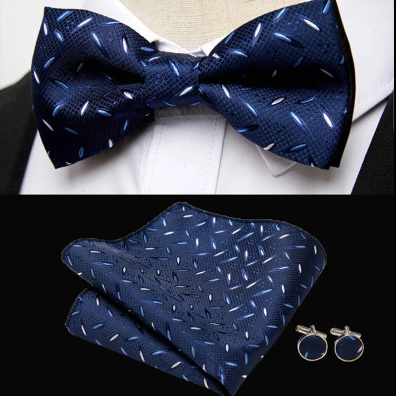 HUISHI Classic Blue Bowties For Men Paisley Floral Bow Tie Pocket Square Cufflinks Suit Set Wedding Party Plaid Solid Butterfly