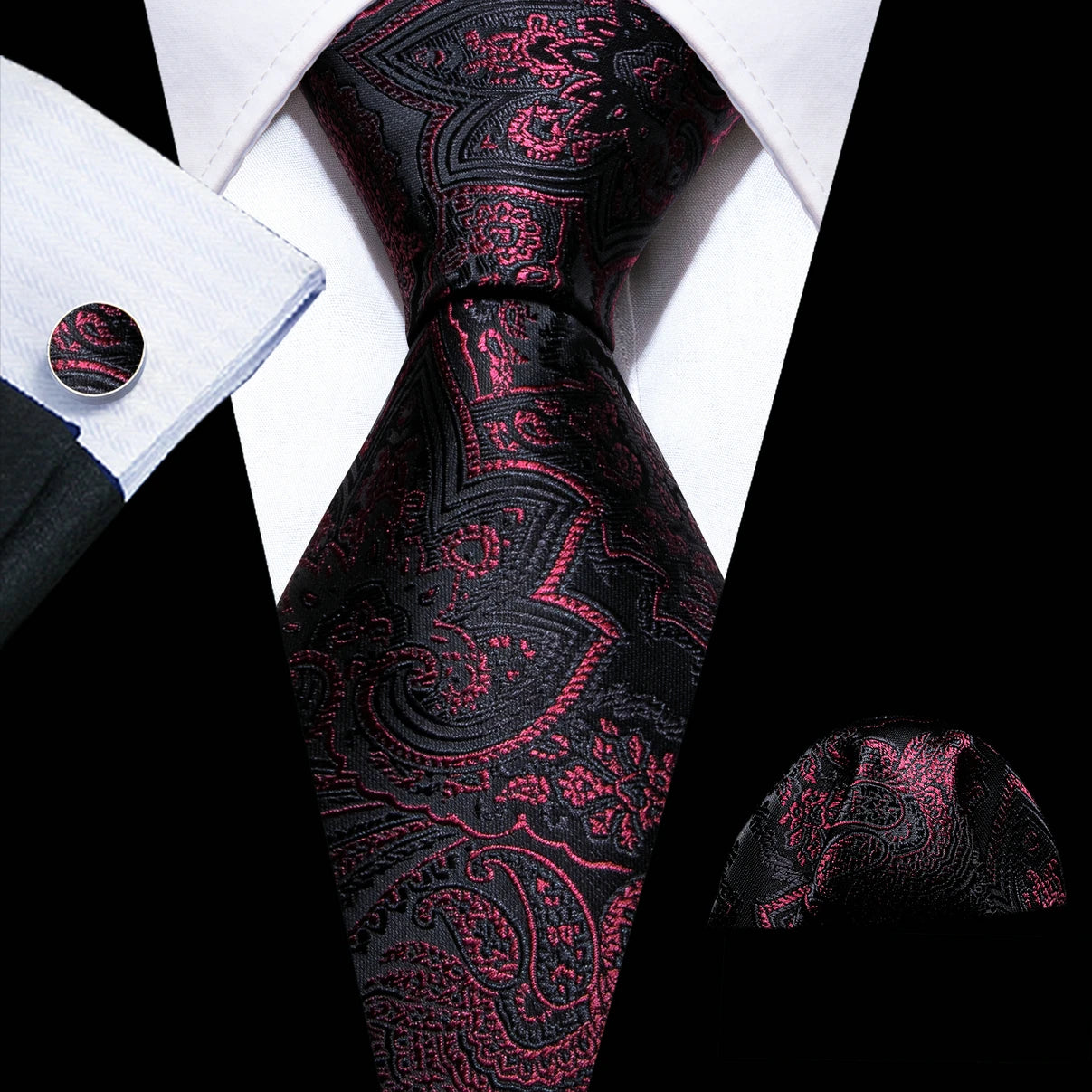 Cravate de mariage en soie rouge, tissée en jacquard, rayée, pour homme, ensemble cravate, mouchoir, boutons de manchette, Barry.Wang, créateur de mode FA-5028