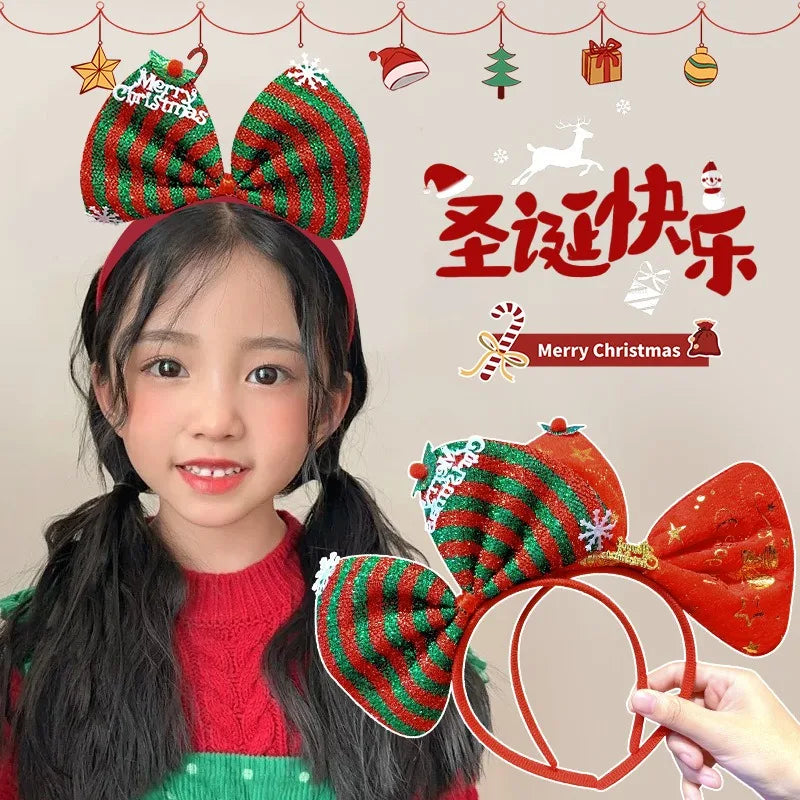 Navidad Bows Elastic Headbands for Adult Children's Hair Accessories Happy Christmas New Year Party Merry Xmas Headdress Supply