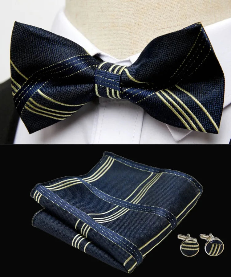 HUISHI Classic Blue Bowties For Men Paisley Floral Bow Tie Pocket Square Cufflinks Suit Set Wedding Party Plaid Solid Butterfly