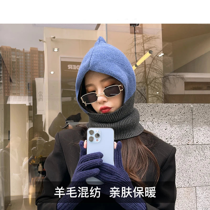 Bonnet d'hiver en laine pour femme, couleurs contrastées, protection des oreilles, tricoté, chaud, pull, écharpe, cagoule, tout-en-un, livraison gratuite
