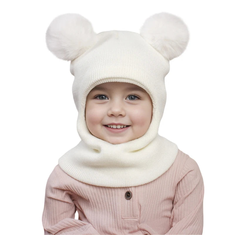Pompom Baby Winter Hat Scarf One-piece Kids Knitted Beanie Warm Ears Neck Children Bonnet Infant Cap for Girls Boys 1-5Y
