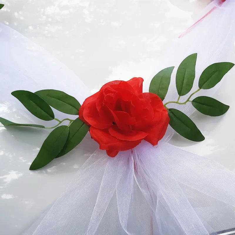 YOMDID DIY Artificial Flower Wedding Car Bridal Car Decoration Door Handle Ribbons Silk Corner Flower Galand With Tulle Set