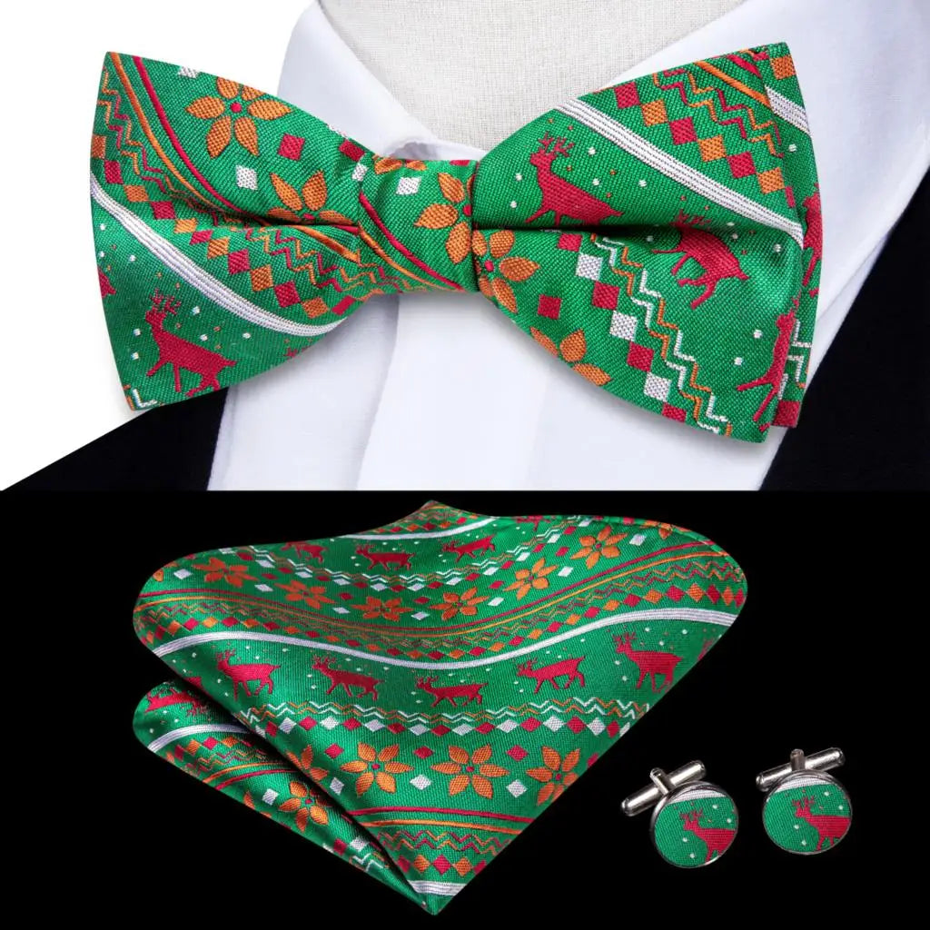 Hi-Tie Nœuds papillon verts de Noël pour hommes Cravate papillon en soie Ensemble de boutons de manchette et mouchoirs pour fête de mariage Nœud papillon uni à carreaux cachemire