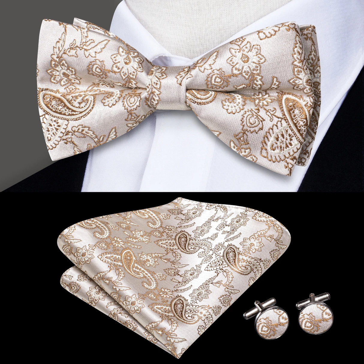 Hi-Tie Marque Soie Pré-noué Homme Nœud Papillon Mouchoir Boutons de Manchette Ensemble Nœud Papillon pour Homme Jacquard Solide Cachemire Floral Mariage Cadeau d'Affaires