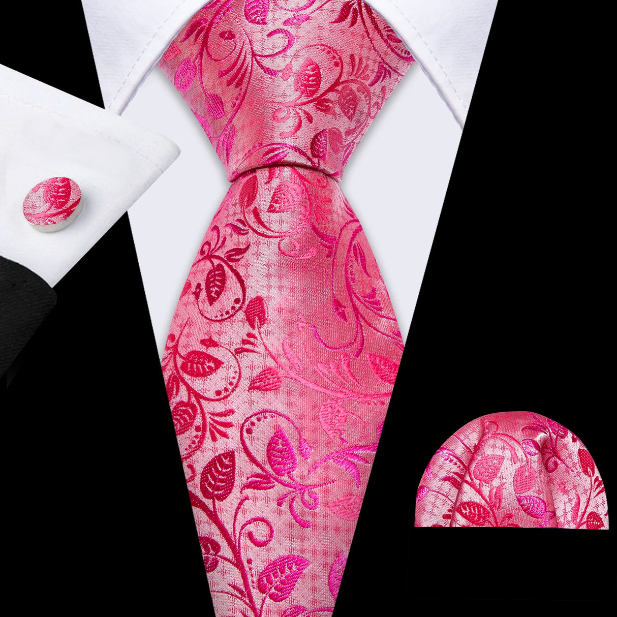 Barry.Wang Ensemble cravate et boutons de manchette en soie pour homme, motif jacquard, rouge, bordeaux, rose, pour mariage, affaires, fête