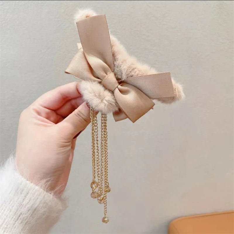 Pinces à cheveux tendance avec nœud et pompon, style coréen, queue de cheval, en peluche, griffe de requin, pour filles, cadeau d'automne et d'hiver