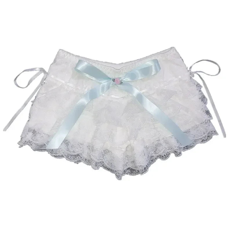 Multilayer Lace Shorts Women Ribbons Flower Ruffles Elastic Waist Cute Cake Shorts Lolita Shorts for Sweet Girls Kawaii Clothes