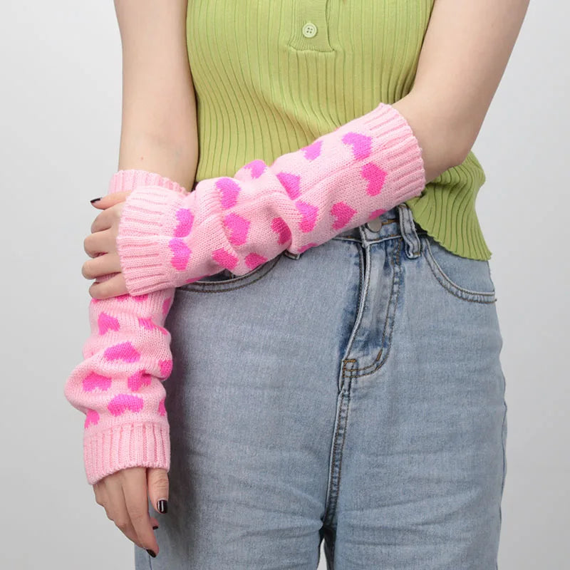 1 Paar Damenhandschuhe Japanische Kawaii Lolita Armmanschette Mädchen Arm Häkeln Stricken Gothic Herz Warm Fingerlose Wärmer Winterhandschuh