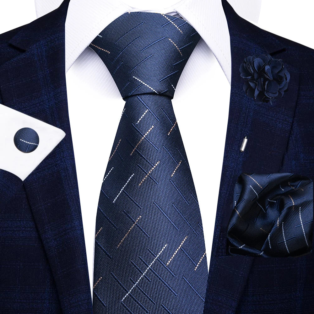 Holiday Gift Brand 8 cm Tie Handkerchief Cufflink Pin Set For Men Necktie Stripe Red Suit Accessories Wedding Gravatas