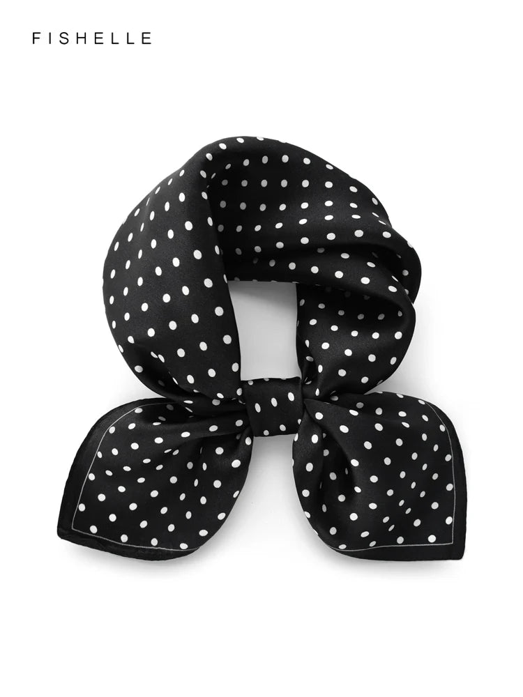 Foulard rétro en soie naturelle noire pour femme avec pois blancs, 100 % soie véritable, petit carré de 50 cm, cadeau tendance pour dames et filles