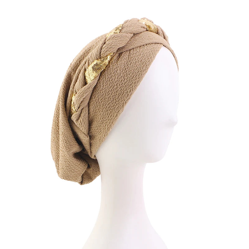New African Headband Turban Cap Muslim Fried Dough Twists Braid Head Cap Islamic Chemo Hair Care Hats Beanie Headscarf