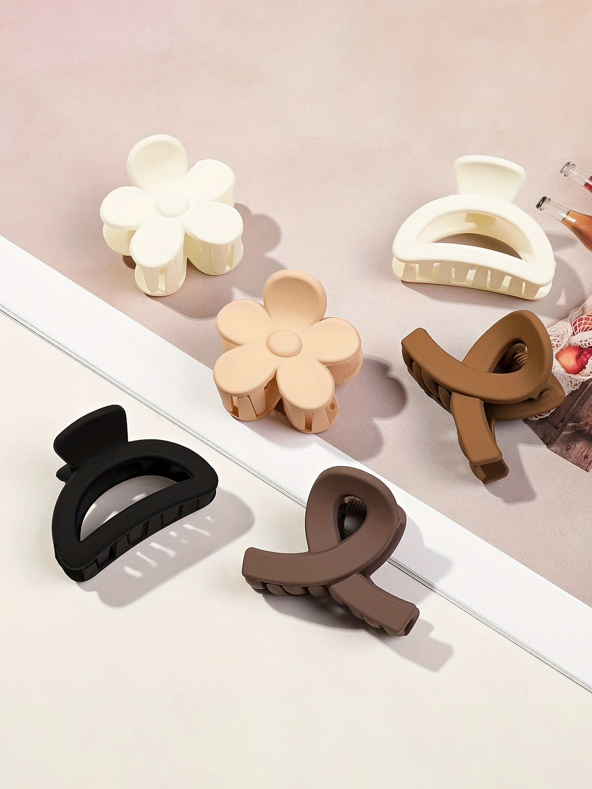 Lot de 5 petites pinces à cheveux en forme de fleur pour femmes et filles, pinces rectangulaires mates, barrettes demi-cercles pour cheveux fins