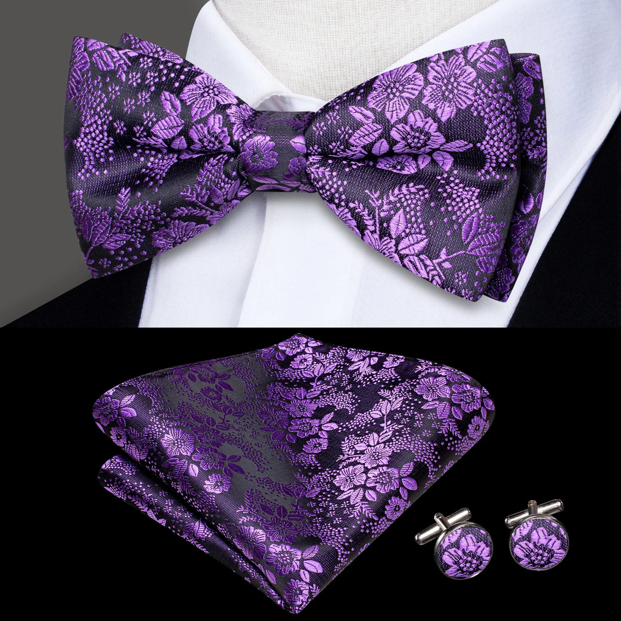 Hi-Tie Marque Soie Pré-noué Homme Nœud Papillon Mouchoir Boutons de Manchette Ensemble Nœud Papillon pour Homme Jacquard Solide Cachemire Floral Mariage Cadeau d'Affaires