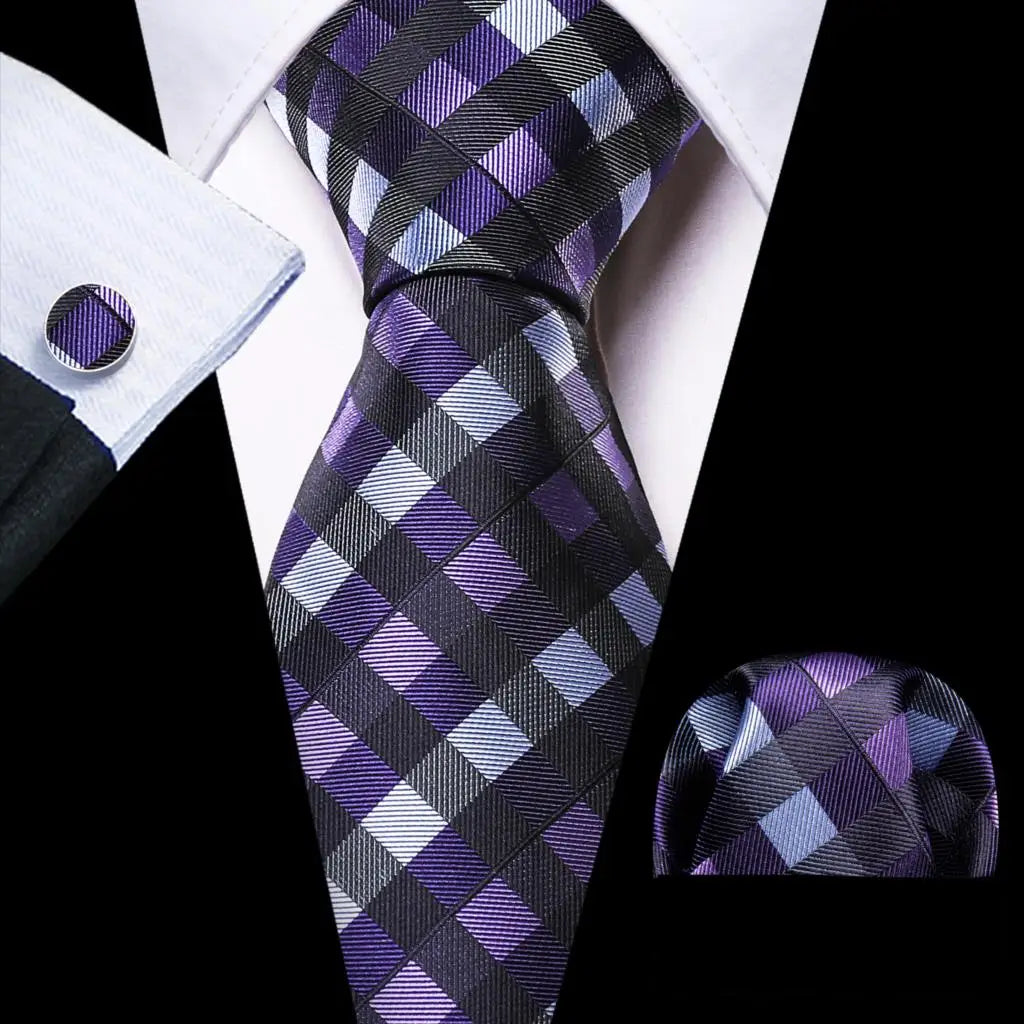 Barry.Wang Ensemble cravate et mouchoir en soie à carreaux pour homme, motif jacquard, idéal pour un mariage, un marié ou une équipe