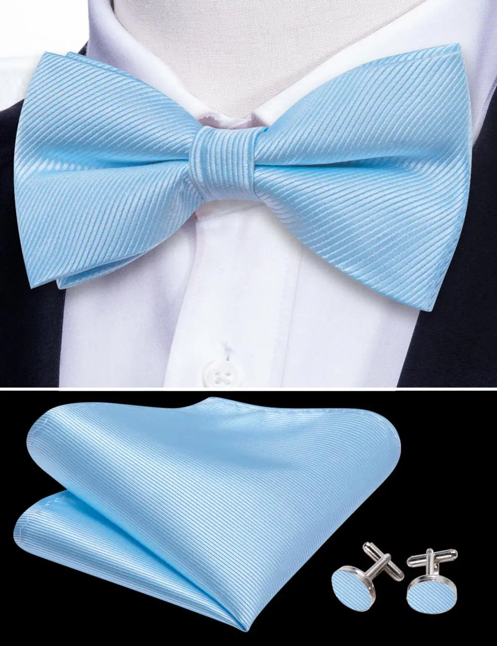 Barry.Wang Nœud papillon en soie bleu marine royal bleu ciel pour homme, ensemble de boutons de manchette, mouchoir, motif cachemire jacquard, motif floral, pour mariage et affaires