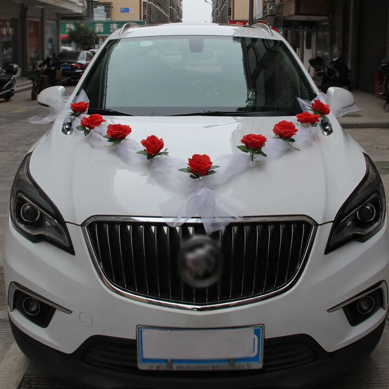 White Rose Artificial Flower for Wedding Car Decoration Bridal Car Decorations Door Handle Ribbons Silk Flower
