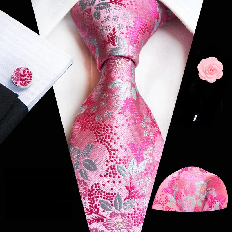Ensemble de cravates en soie rose floral pour hommes, ensemble de cravates de fête de mariage, mouchoir, broche, boutons de manchette, accessoires pour hommes de haute qualité Gravata