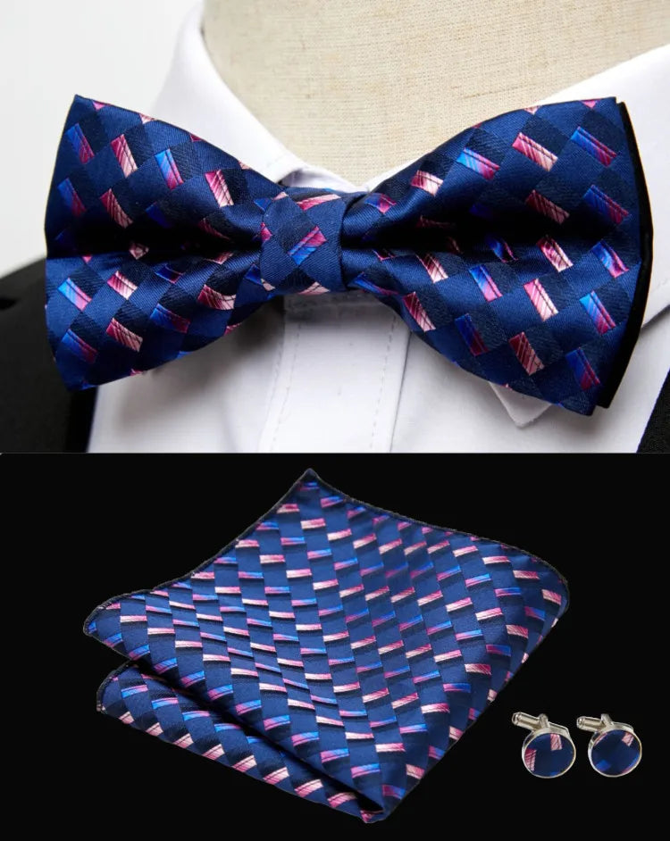 HUISHI Classic Blue Bowties For Men Paisley Floral Bow Tie Pocket Square Cufflinks Suit Set Wedding Party Plaid Solid Butterfly