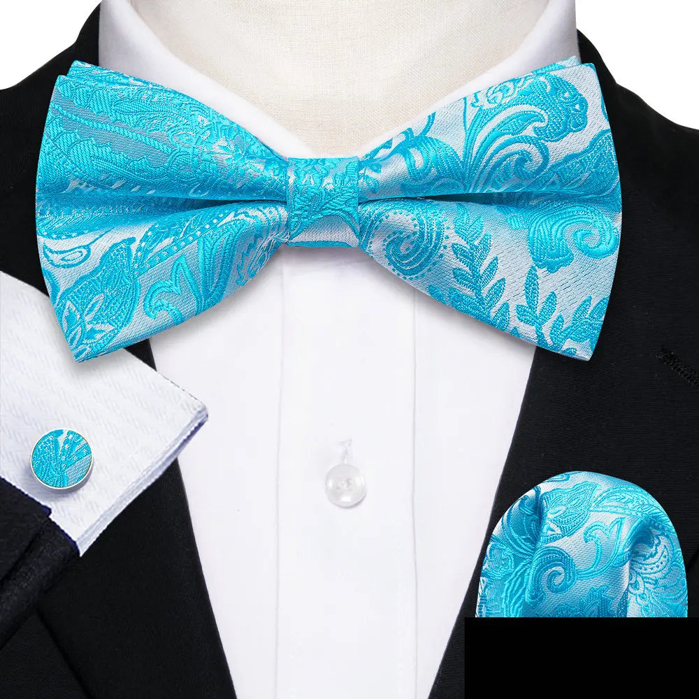Barry.Wang Nœud papillon en soie bleu marine royal bleu ciel pour homme, ensemble de boutons de manchette, mouchoir, motif cachemire jacquard, motif floral, pour mariage et affaires