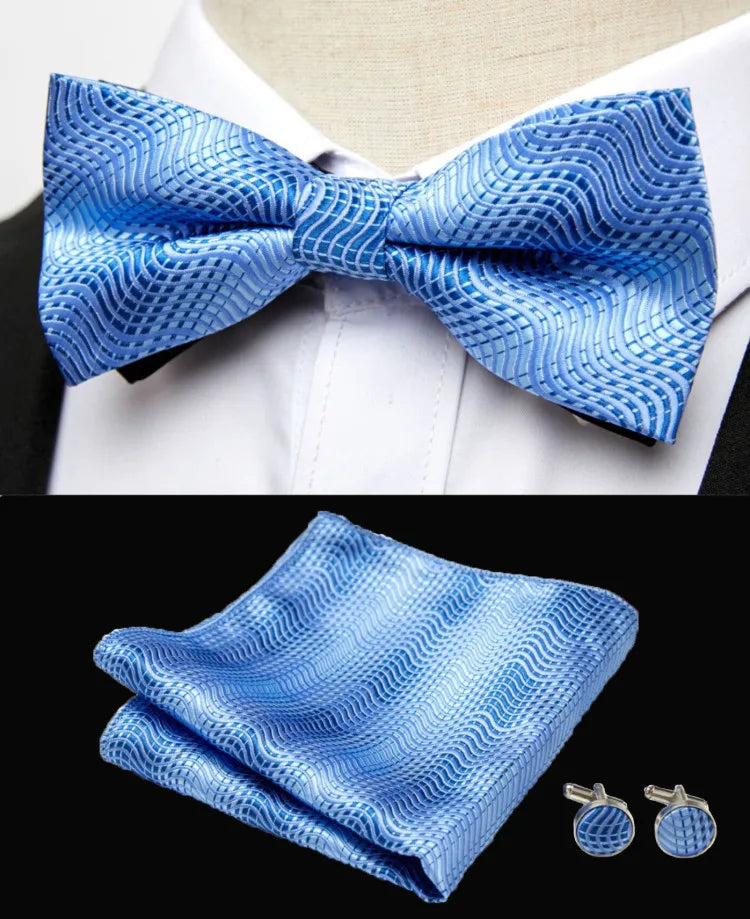 HUISHI Classic Blue Bowties For Men Paisley Floral Bow Tie Pocket Square Cufflinks Suit Set Wedding Party Plaid Solid Butterfly