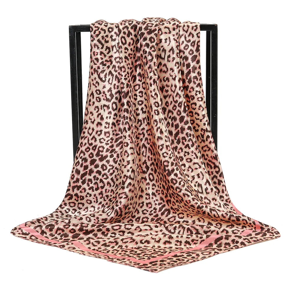 BOHOWAII Modischer Leopardenschal, Hijab-Schal, Seidengefühl, Haargummis, quadratische Satin-Turbane, Geparden-Tierdruck, Kopfwickelschals