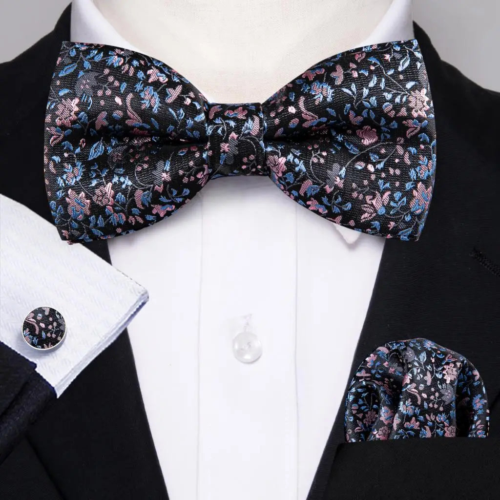 Barry.Wang Nœud papillon en soie bleu marine royal bleu ciel pour homme, ensemble de boutons de manchette, mouchoir, motif cachemire jacquard, motif floral, pour mariage et affaires