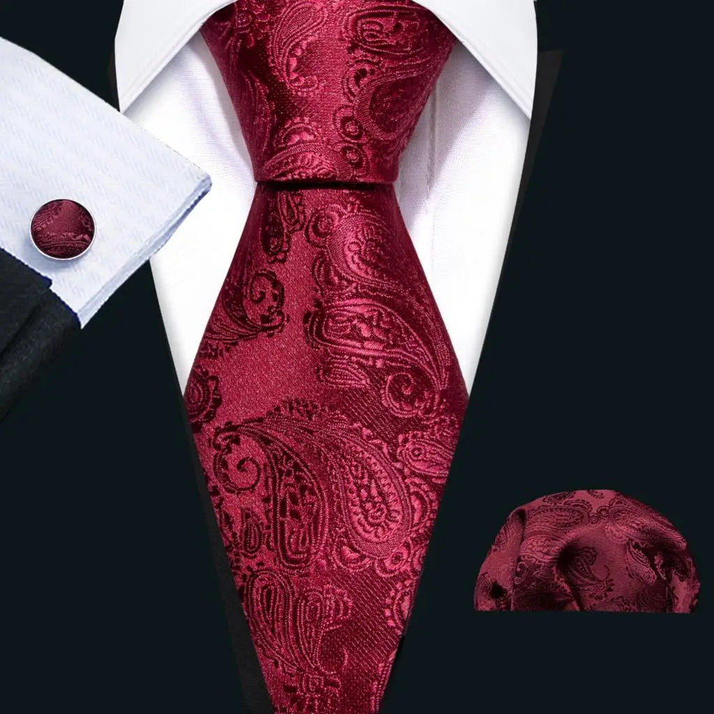 Barry.Wang Ensemble cravate et boutons de manchette en soie pour homme, motif jacquard, rouge, bordeaux, rose, pour mariage, affaires, fête