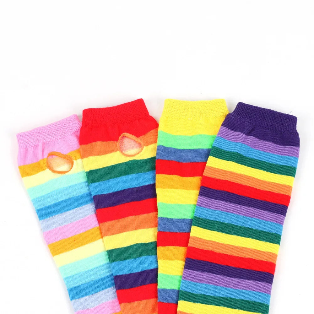 1 Pair Women Rainbow Striped Elbow Gloves Long Fingerless Gloves Striped Knitted Elbow Mittens Cotton Wrist Sleeves Arm Warmer