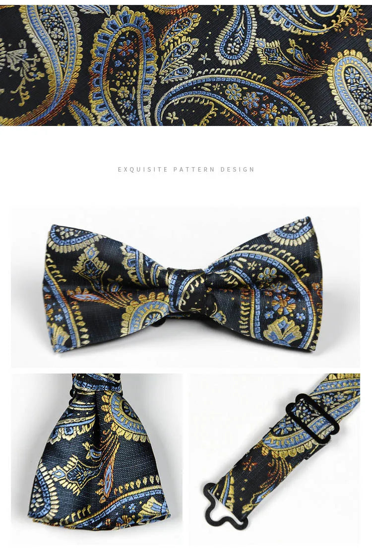 HUISHI Classic Blue Bowties For Men Paisley Floral Bow Tie Pocket Square Cufflinks Suit Set Wedding Party Plaid Solid Butterfly